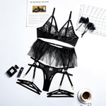 2021 New Popular Complex Craft Lace Mesh Eyelash Feather Sexy Underwear Cross Four-Piece Set for Women