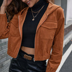 Corduroy Casual Short Shipment Hooded Pocket Jacket  Zipper Coat Top Women
