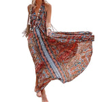 Women Clothing Spring Summer New Arrival Printing V-neck Halter Bohemian Maxi Dress