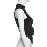 Autumn and Winter Women Clothing New Fashion Mesh Patchwork Molded Solid Color round Neck Waist Trimming Tight Top