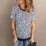 Summer New Leopard Print Printed Short-Sleeved Top Female round Neck Pullover Top