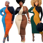 Women Clothing Spring New Stitching Contrast Color Fashion Tight plus Size Dress