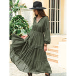 Batch V-neck Long Sleeve Chiffon High Waist Slimming Dress Women Bohemian Style Vacation Skirt