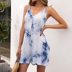 Summer Tie-Dye V-neck Strap Fitted Waist Jumpsuit Casual Printing Sexy Suit for Women