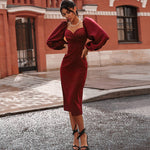 Puff Sleeves Square Collar Dress 2021  Sexy Backless Elegant Slim Mid-Length Dress