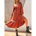 Boho Style Solid Color Stripes Lantern Sleeve Holiday Dress