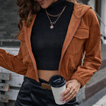 Corduroy Casual Short Shipment Hooded Pocket Jacket  Zipper Coat Top Women