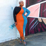 Women Clothing Spring New Stitching Contrast Color Fashion Tight plus Size Dress