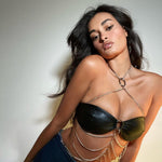 Fall Women Clothing New PU Leather Sexy Cross Neck Hanging Chain Outer Wear Inner Wear Tube Top