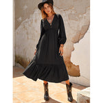 Boho Style Solid Color Stripes Lantern Sleeve Holiday Dress