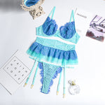 2021 New Women  Clothing Fashion Mesh See-through Stitching Contrast Color Cross Sexy Garter Three-Piece Set