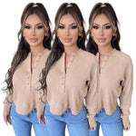 Women Clothing Nightclub Uniforms Waffle Button Thread Baseball Collar Top