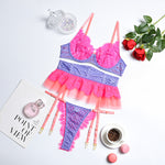 2021 New Women  Clothing Fashion Mesh See-through Stitching Contrast Color Cross Sexy Garter Three-Piece Set