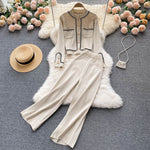 Lightly Mature Knitting Suit Women  Autumn New Design Sense Single-Breasted Cardigan High Waist Slimming Wide Leg Pants Two-Piece Set