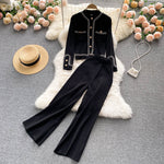 Lightly Mature Knitting Suit Women  Autumn New Design Sense Single-Breasted Cardigan High Waist Slimming Wide Leg Pants Two-Piece Set