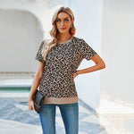 Summer New Leopard Print Printed Short-Sleeved Top Female round Neck Pullover Top