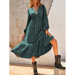 Boho Style Solid Color Stripes Lantern Sleeve Holiday Dress