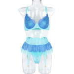 2021 New Women  Clothing Fashion Mesh See-through Stitching Contrast Color Cross Sexy Garter Three-Piece Set