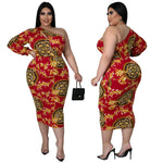 Plus Size Women Clothes Sexy Cutout One-Shoulder Long Sleeve Printed Dress Fishtail Skirt