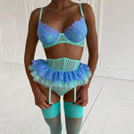 2021 New Women  Clothing Fashion Mesh See-through Stitching Contrast Color Cross Sexy Garter Three-Piece Set