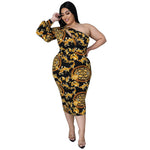 Plus Size Women Clothes Sexy Cutout One-Shoulder Long Sleeve Printed Dress Fishtail Skirt