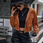 Corduroy Casual Short Shipment Hooded Pocket Jacket  Zipper Coat Top Women