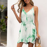 Summer Tie-Dye V-neck Strap Fitted Waist Jumpsuit Casual Printing Sexy Suit for Women