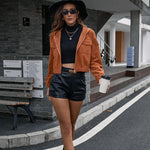 Corduroy Casual Short Shipment Hooded Pocket Jacket  Zipper Coat Top Women