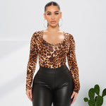 Autumn  plus Size Women Clothes Leopard Print Fashion Sexy Long Sleeve Jumpsuit