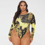 Spring New   Women Clothing round Neck Print Long Sleeves Tight Breasted Plus Size Jumpsuit