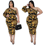 Plus Size Women Clothes Sexy Cutout One-Shoulder Long Sleeve Printed Dress Fishtail Skirt