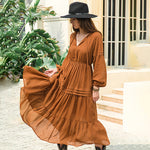 Batch V-neck Long Sleeve Chiffon High Waist Slimming Dress Women Bohemian Style Vacation Skirt