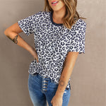Summer New Leopard Print Printed Short-Sleeved Top Female round Neck Pullover Top