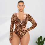 Autumn  plus Size Women Clothes Leopard Print Fashion Sexy Long Sleeve Jumpsuit