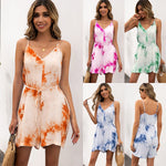 Summer Tie-Dye V-neck Strap Fitted Waist Jumpsuit Casual Printing Sexy Suit for Women