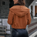 Corduroy Casual Short Shipment Hooded Pocket Jacket  Zipper Coat Top Women