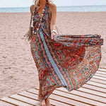Women Clothing Spring Summer New Arrival Printing V-neck Halter Bohemian Maxi Dress
