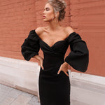 Puff Sleeves Square Collar Dress 2021  Sexy Backless Elegant Slim Mid-Length Dress