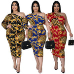 Plus Size Women Clothes Sexy Cutout One-Shoulder Long Sleeve Printed Dress Fishtail Skirt