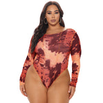 Spring New   Women Clothing round Neck Print Long Sleeves Tight Breasted Plus Size Jumpsuit
