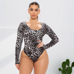 Autumn  plus Size Women Clothes Leopard Print Fashion Sexy Long Sleeve Jumpsuit