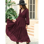 Batch V-neck Long Sleeve Chiffon High Waist Slimming Dress Women Bohemian Style Vacation Skirt