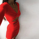 Autumn Long-Sleeved Dress  Hollow V-neck Dress