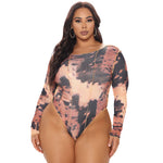 Spring New   Women Clothing round Neck Print Long Sleeves Tight Breasted Plus Size Jumpsuit