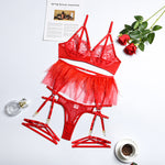 2021 New Popular Complex Craft Lace Mesh Eyelash Feather Sexy Underwear Cross Four-Piece Set for Women