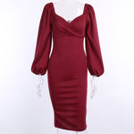 Puff Sleeves Square Collar Dress 2021  Sexy Backless Elegant Slim Mid-Length Dress