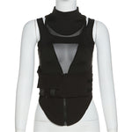 Autumn and Winter Women Clothing New Fashion Mesh Patchwork Molded Solid Color round Neck Waist Trimming Tight Top