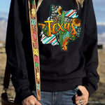 Letter Desert Hat Print Long Sleeve Black Sweatshirt
