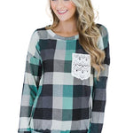 Plaid Print Lace Pocket Long Sleeve Top