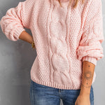 Solid Turtleneck Cable Knit Pullover Sweater